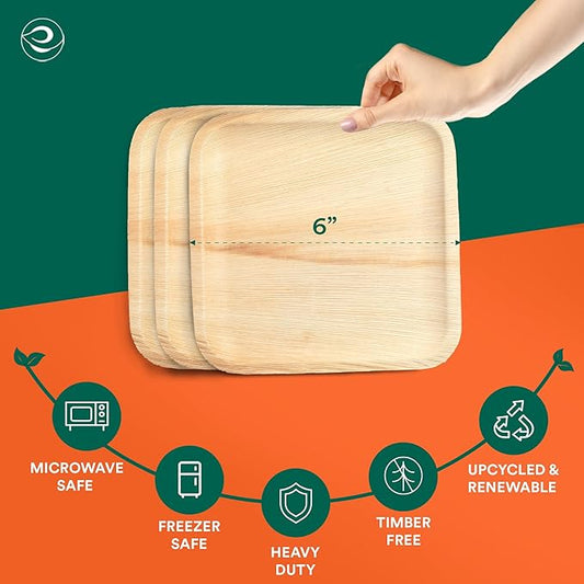 ECO SOUL 6 Inch Disposable Palm Leaf Plates [100 Pack] Premium Food-Safe Heavy Duty Compostable Bamboo Paper Plates for Dessert, Dinner, Apetizers, Weddings, Party, Camping & Catering Events [Square]
