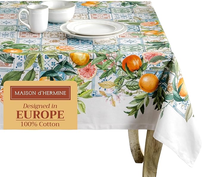 Maison d' Hermine Table Cloth Rectangle Table 100% Cotton 70 x 108 Inches Tablecloth Reusable Decorative for Dining Room Farmhouse Home Valentines Day Decorations Spring Summer - Agrume