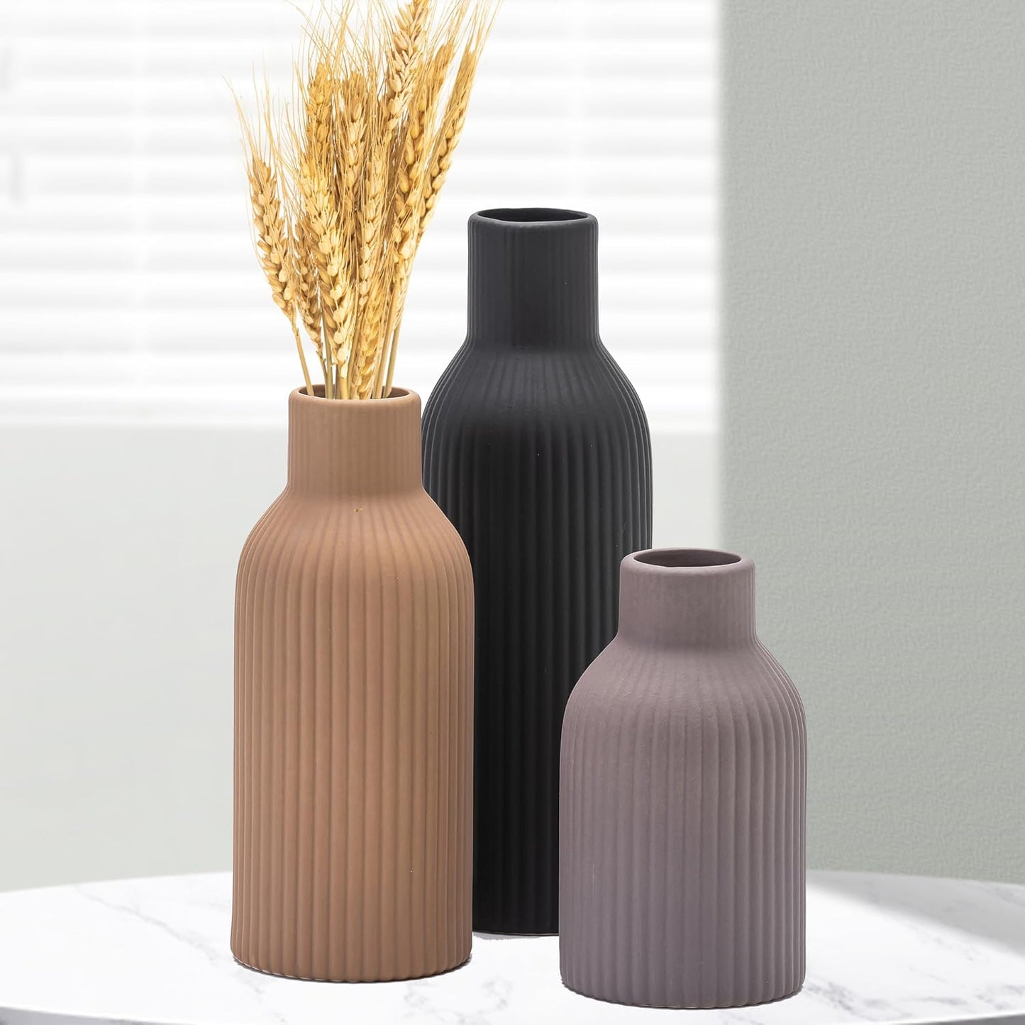 Ceramic Vase Set of 3, Modern Minimalist Ribbed Small Flower Vase Table Centerpiece Decorative for Home Decor Farmhouse Christmas Colorful