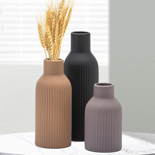 Ceramic Vase Set of 3, Modern Minimalist Ribbed Small Flower Vase Table Centerpiece Decorative for Home Decor Farmhouse Christmas Colorful