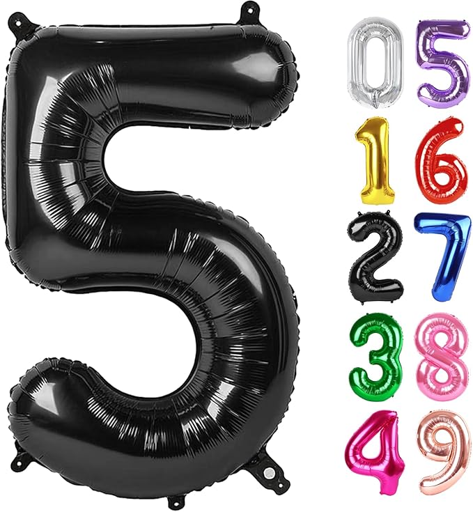 Black Number 5 Balloon 40 Inch, 5th Birthday Party Decorations for Children, Giant 5 Foil Balloon for Party Supplies