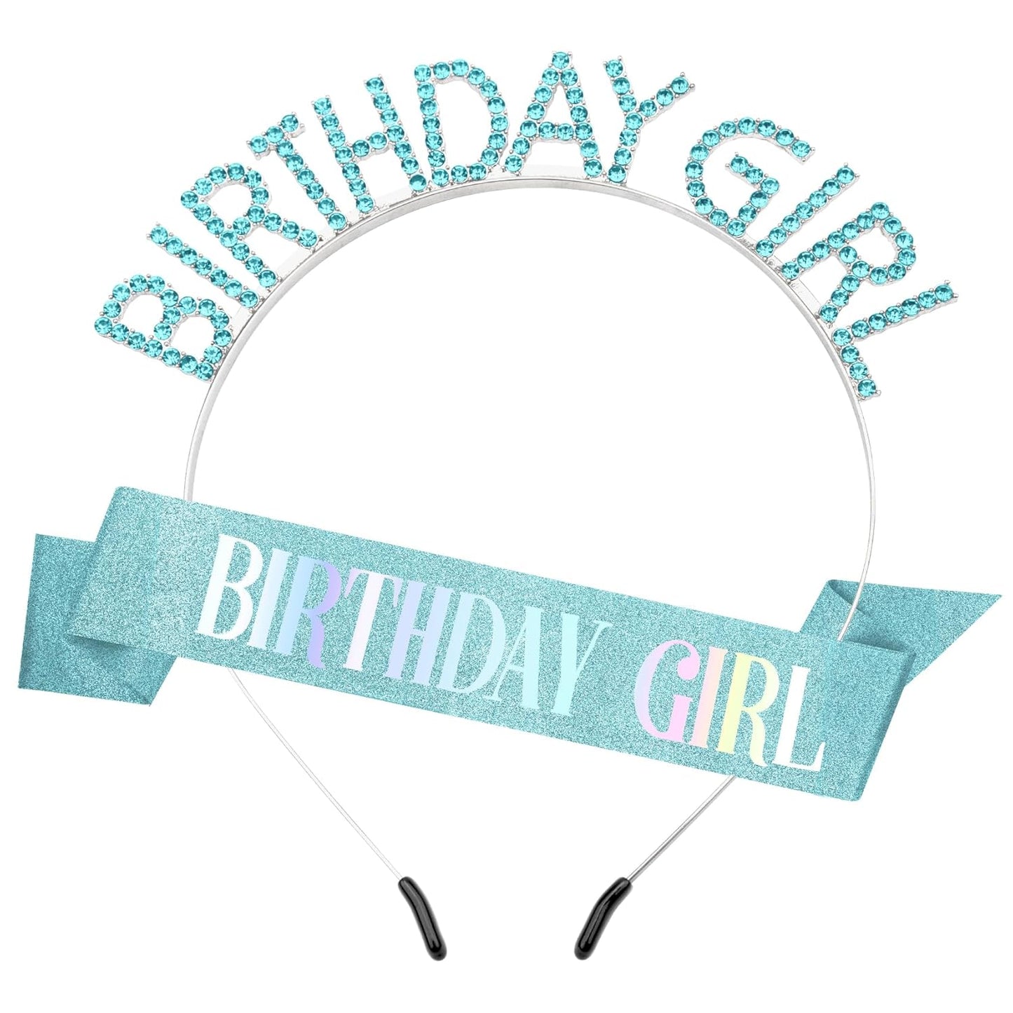 Birthday Sash Birthday Crown for Women, Birthday Girl Sash, Birthday Girl Crown, Glitter Light Blue Birthday Sash and Crown Rhinestone Headband Set, Happy Birthday Girl Princess Tiara Sash Accessories