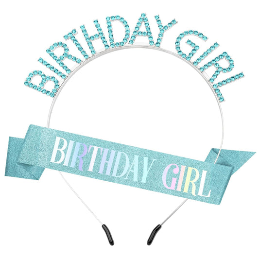 Birthday Sash Birthday Crown for Women, Birthday Girl Sash, Birthday Girl Crown, Glitter Light Blue Birthday Sash and Crown Rhinestone Headband Set, Happy Birthday Girl Princess Tiara Sash Accessories