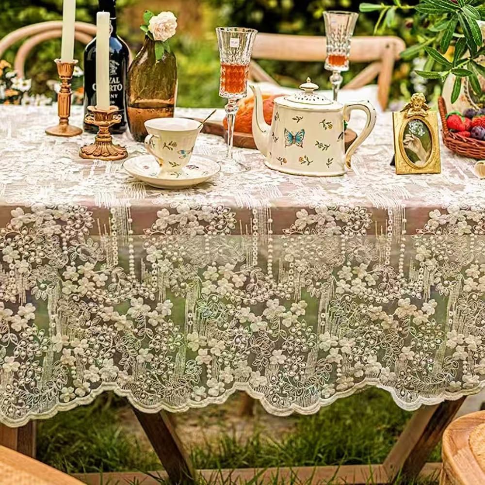 French Embroidery Lace Tablecloth - Round/Rectangular/Square Options for Coffee Tables, Vintage Beige Lace Table Cover for Kitchen, Dining Room, Party, Banquet, Wedding, Picnic, Home Decor（118*53in）