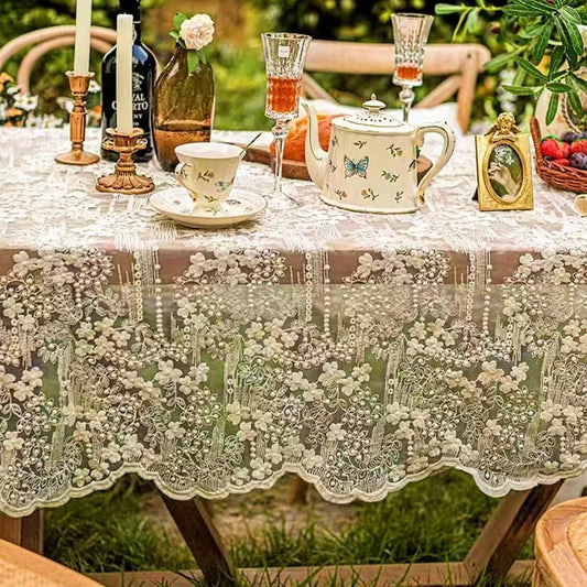 French Embroidery Lace Tablecloth - Round/Rectangular/Square Options for Coffee Tables, Vintage Beige Lace Table Cover for Kitchen, Dining Room, Party, Banquet, Wedding, Picnic, Home Decor（118*53in）