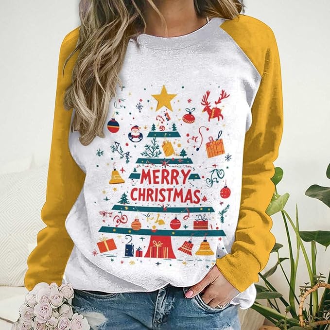 LOAIHA Christmas Sweatshirts for Women Christmas Tree Graphic Shirt Xmas Long Sleeve Merry Christmas Pullover Blouse