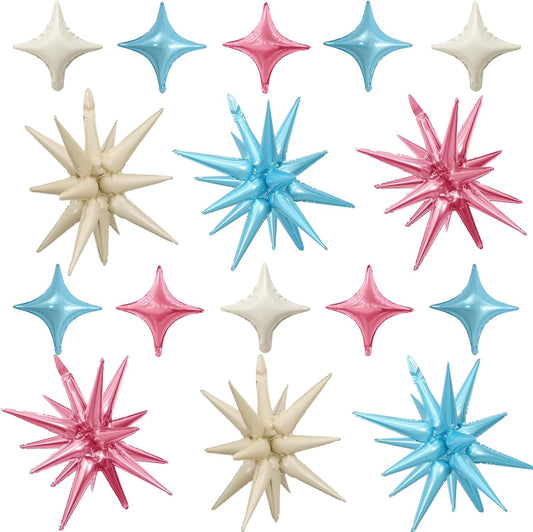 Pink Blue White Star Balloon,Pink Blue 6Pcs 22Inch Explosion Star Balloons and 10Pcs 10Inch Four Angle Balloons Kit for Birthday Anniversary Baby Shower Wedding Party Decorations