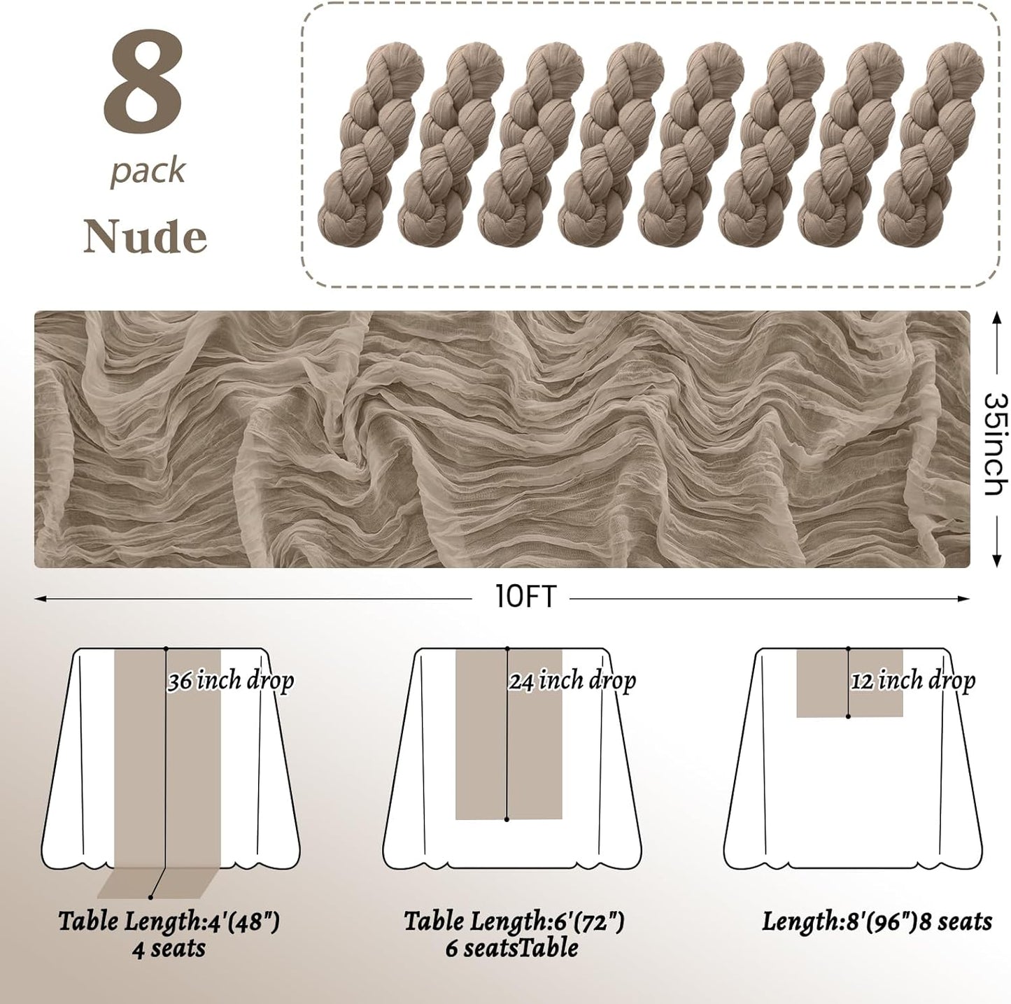 8Pack Nude Table Runner 10FT Cheesecloth Table Runner 35x120Inch Long Boho Cheese Cloth Table Runners Rustic Gauze Table Runners for Party Wedding Bridal Shower Baby Shower Decorations