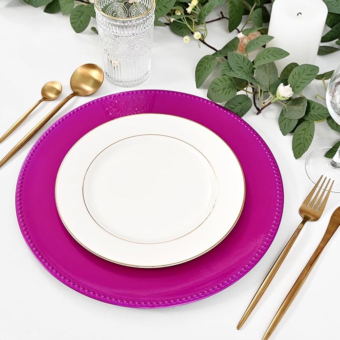 24 Pcs Hot Pink Charger Plates, 13" Round Beaded Decorative Dinner Chargers for Wedding, Holiday, Baby Shower & Event Decoration
