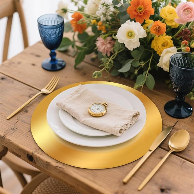 50PCS Gold Paper Placemats for Dinner Plates, 13 Inch Round Disposable Chargers, Shiny Holiday Place Mat for Dining Table Setting Valentine's Day Weddings Birthday Parties Kitchen Banquet Decor