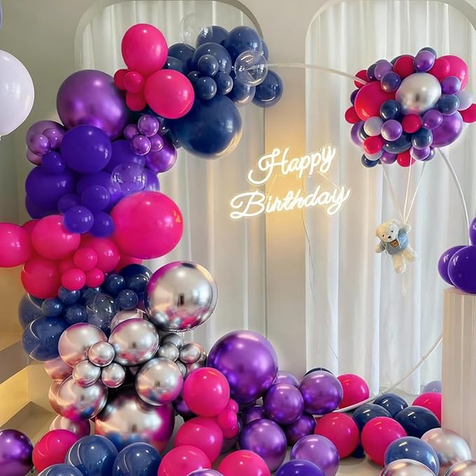 Purple Blue Red Balloon Garland Arch Kit, 167Pcs Hot Pink Midnight Blue Metallic Purple Silver and Star Foil Balloons for Princess Girl Women Birthday Bridal Baby Shower Party Decoration