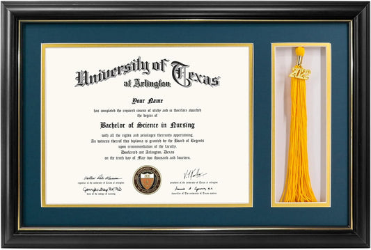 GraduationMall 11x17 Black Wood Diploma Frame with Tassel Holder for 8.5x11 Certificate Document,Real Glass,Navy Blue over Gold Mat