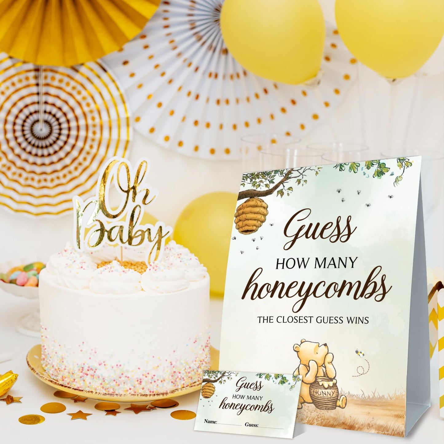 Winnie Baby Shower Decorations - Winnie Party Games - Gender Reveal & Birthday Decorations - Guess Honeycombs Green