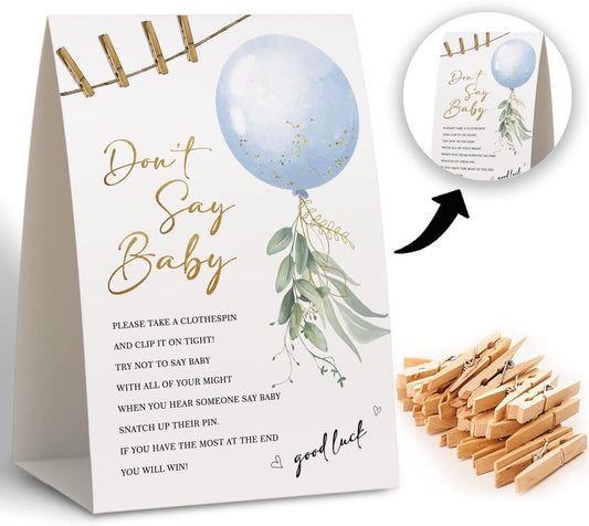 QOFO Don't Say Baby Clothespin Games, Blue Balloon Baby Shower Game (Pack of 1 Sign and 50 Mini Clothespins), Baby Shower Decorations, Gender Neutral Party Favors - 31