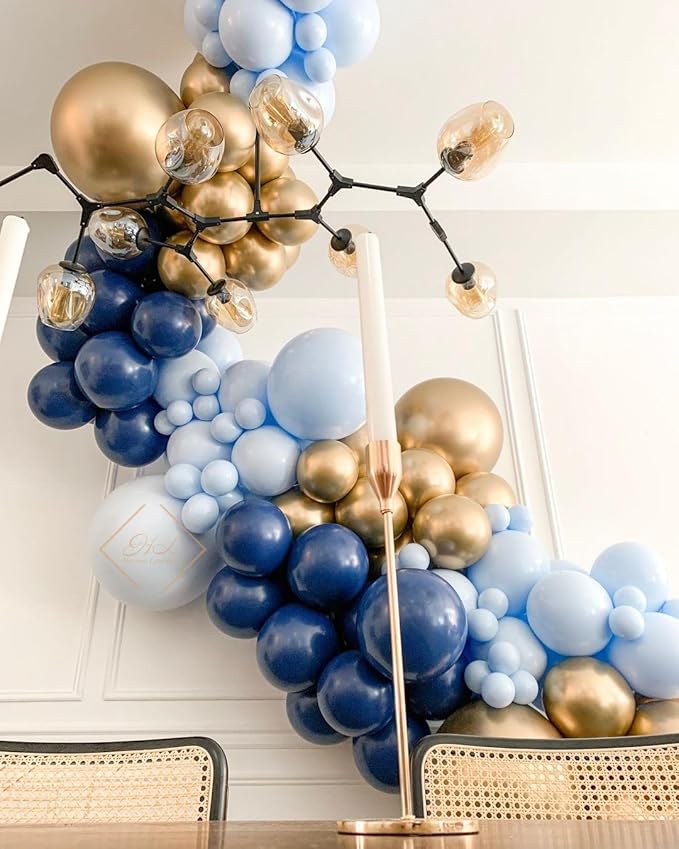 Navy Blue and Gold Balloons Arch Kit, 162pcs Different Sizes with Navy Pastel Blue Chrome Gold Confetti Balloons for 2025 Graduation Prom Anniversary Ocean Baby Shower Birthday Party Decorations
