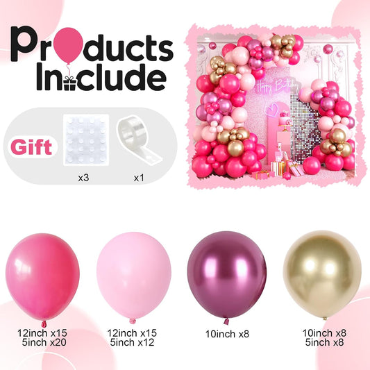 Pink Balloon Arch Garland Kit, Pastel Baby Hot Pink Balloons with Metallic Gold Latex Balloons for Girls Women Birthday Bridal Baby Shower Wedding Anniversary Princess Theme Decorations