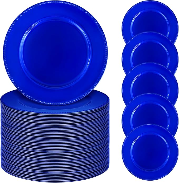 50 Royal Blue Charger Plates Bulk, 13" Round Beaded Decorative Dinner Chargers for Wedding Party, Baby Shower Event Decoration