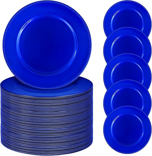 50 Royal Blue Charger Plates Bulk, 13" Round Beaded Decorative Dinner Chargers for Wedding Party, Baby Shower Event Decoration