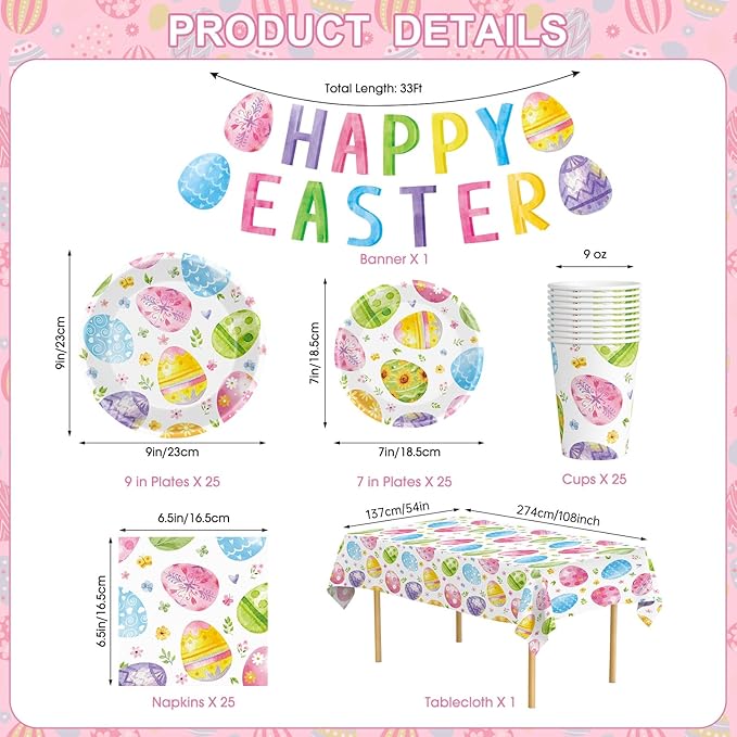 102 Pcs Easter Party Decorations Set - Spring Watercolor Eggs Paper Plates and Napkins Kit, Includes Happy Easter Banner, Plates, Napkins, Cups, Plastic Tablecloth for Easters Supplies Table Decor