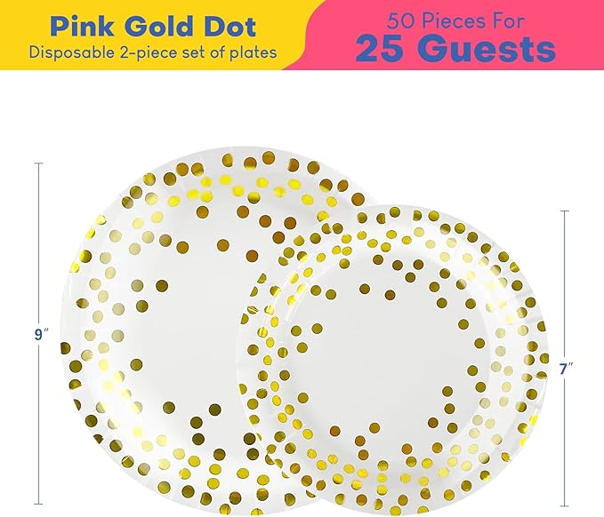 Disposable Plates for Party 50 Sets, Holiday Paper Plates, Heavy Duty Golden Dot White Paper Plates Napkins Cups for Baby Shower Birthday Wedding