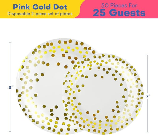 Disposable Plates for Party 50 Sets, Holiday Paper Plates, Heavy Duty Golden Dot White Paper Plates Napkins Cups for Baby Shower Birthday Wedding