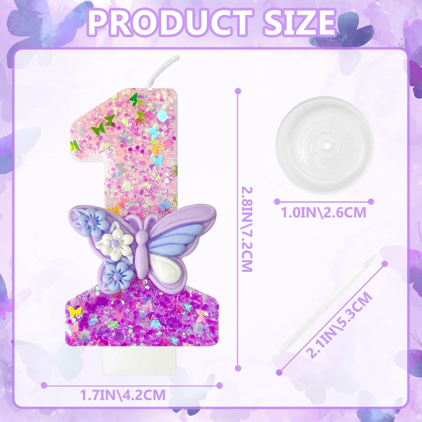 HXOUSE Butterfly Number 1 Birthday Candles - Pink & Purple Butterfly Birthday Candles for Cake, 1 Candle Topper for Anniversary Celebrations Supplies, Fairy Party Decorations for Girl (Number 1)