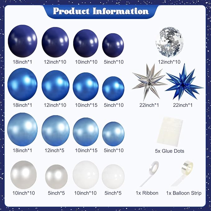 Blue White Silver Balloon Garland Arch Kit, 140Pcs Navy Light Metallic Blue Silver White Confetti Balloons With Stars for Birthday Wedding Birdal Shower Graduation Fathers Day Party Decorations