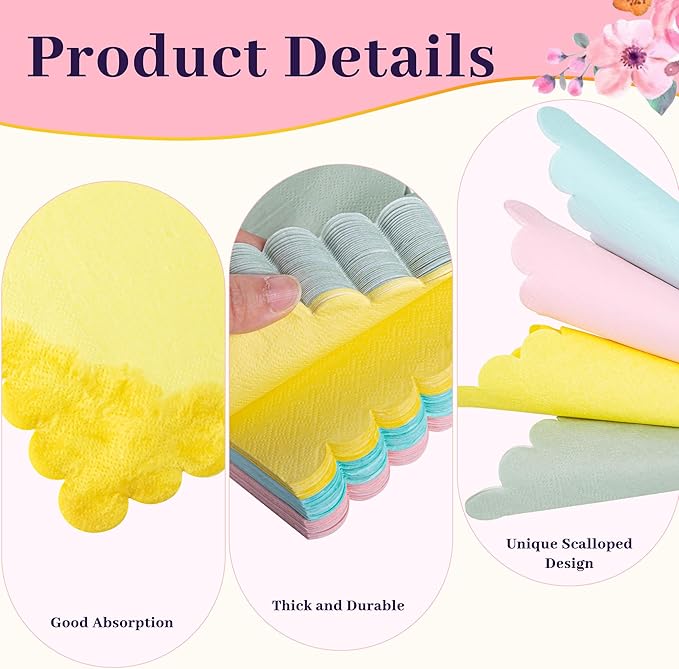 100 Pcs Cocktail Napkins Colorful Napkins with Scalloped Edges 5 x 5 Inch Dinner Napkins Disposable Thick Paper for Wedding Dinner Birthday Party - Assorted Colors Pink Green Yellow Blue