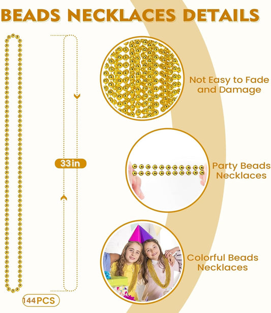 SHAOQINLIN 144 PCS Gold Mardi Gras Beads, Christmas Necklaces, Golden Bead Necklace, 33'' Metallic Gold Party Beads for Mardi Gras, Christmas, New Year's Day, Carnival Party Favors