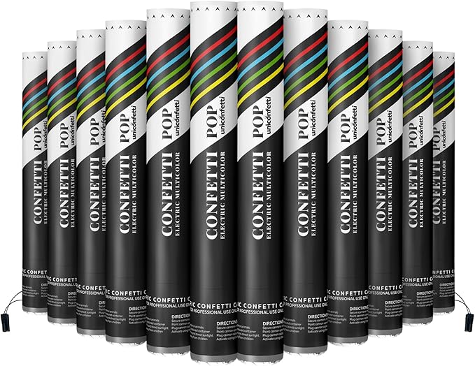 Electric Confetti Cannon Cartridges, 12 PIECES — 16" Multicolor Poppers for Weddings, Parties, Events | Requires 2-Shot/4-Shot Confetti Machine to Activate