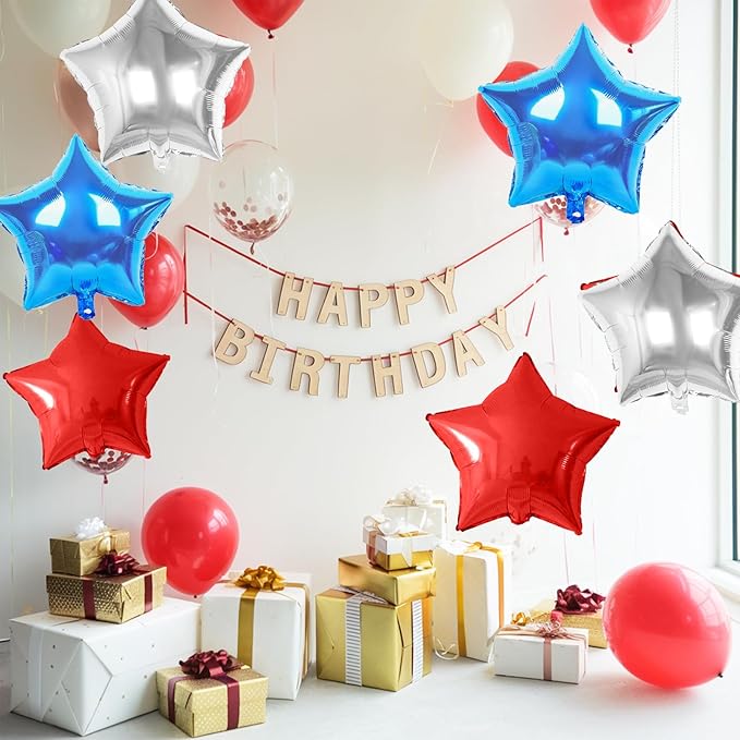 Red Blue Silver Star Foil Balloons, 10PCS Foil Stars Shape Balloon, 18 Inch Red and Black Stars Balloons for Helium Pentagram Balloon for Kids Boys Birthday, Anniversary, 4th of July Party Decoration