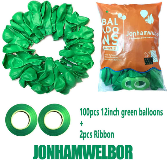 Jonhamwelbor Green Balloons 100 Pack 12 inches Latex Helium Balloons Birthday Party Decorations (With Green Ribbon)
