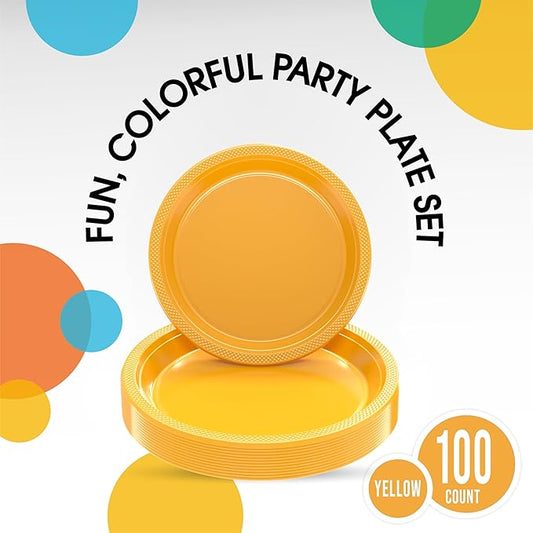 Party Solids Yellow Plastic Plates For Party Supplies, Yellow Disposable Plates 100 Pieces - 50-7" & 50-9" Heavy Duty 350 GSM Disposable Dinnerware Sets, Plastic Dinnerware Sets