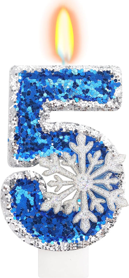 Frozen Themed Blue Birthday Candles, Snowflake Number 5 Candles for Kids Adults Birthday Party Supplies, 2.76 inch Glitter Cake Topper Decorations (Number 5)