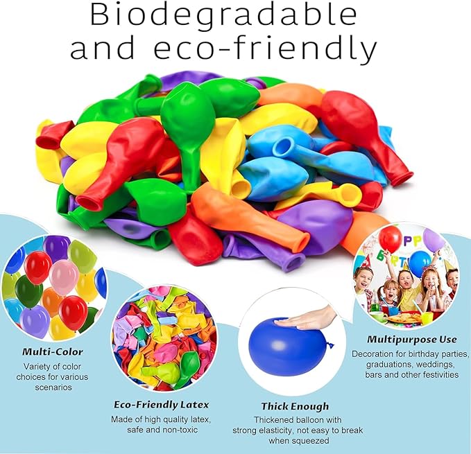 100PCS 12 Inch Rainbow Latex Balloons, Assorted Colors Party Balloons Bulk Pack for Birthday Decorations, Baby Shower, Wedding & Festival Party Supplies