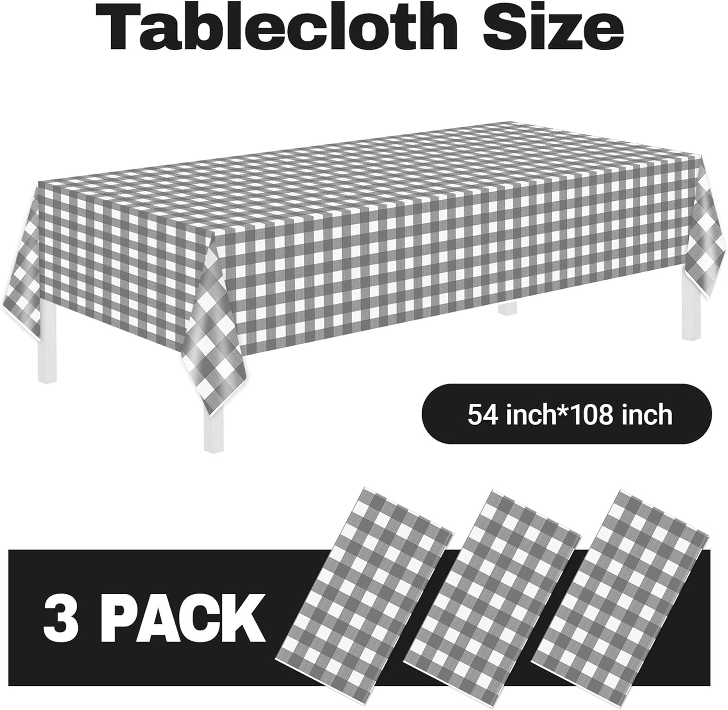 Childom 3 Pack Gray and White Checkered Tablecloths 54"x108" Disposable Plastic Table Cloths Buffalo Plaid Tablecloths for Home,Halloween,Picnic Table Covers for Pizza Party,Race Car Birthday Decors