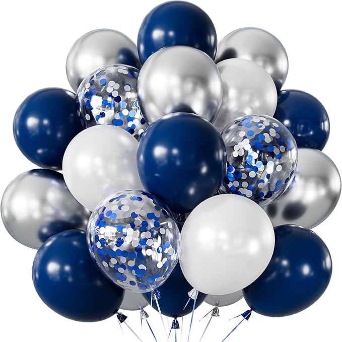 Navy Blue and Silver Balloons,12 Inch 60pcs Navy Blue Balloons with Silver Confetti Balloon,Pearl White Latex Balloon for Graduation,Birthday,Baby Shower,Anniversary,Wedding,Party