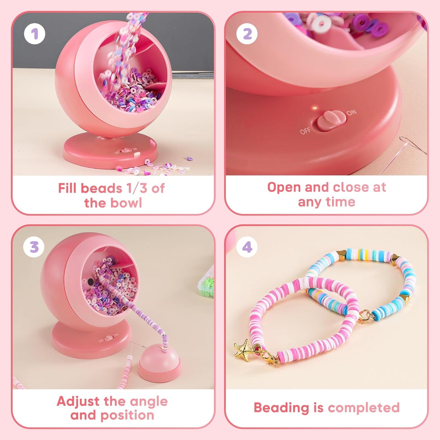 ETUDAW Electric Bead Spinner for Jewelry Making, Automatic Clay Beads for Cool Necklaces and Bracelets Maker, Beginner Bracelet Making Kit, DIY Arts and Crafts Birthday Gifts(Pink)