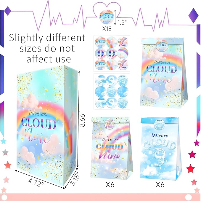Inshinern Rainbow Clouds 9th Birthday Party Favors We're on Cloud Nine Birthday Goodie Bag Candy Treat Bags for Women Rainbow Themed Party Decor Engagement Party Supplies(12 Pcs)