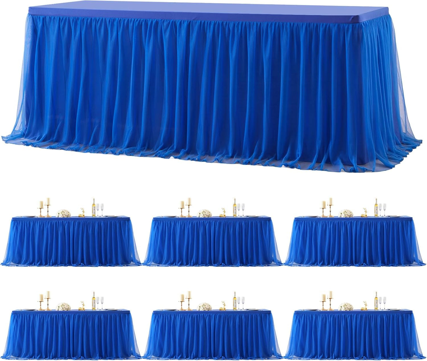 Suppromo 6 Pack 8ft Royal Blue Tulle Tablecloths for Rectangle Tables 8 Foot Rectangular Table Cloth Wrinkle Free Tablecover with Tutu Skirt for Baby Shower Wedding Birthday Party Banquet Buffet Cake
