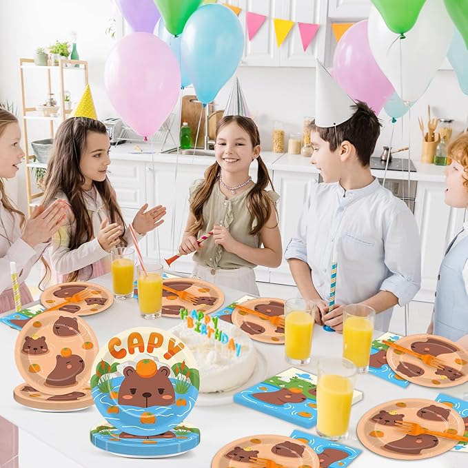 OBUSATT 96Pcs Capybara Birthday Party Supplies - Capybara Paper Plates, Napkins, Decorations, Zoo Pals Dinnerware, Party Favors, Cute Animal Tableware Serves 24