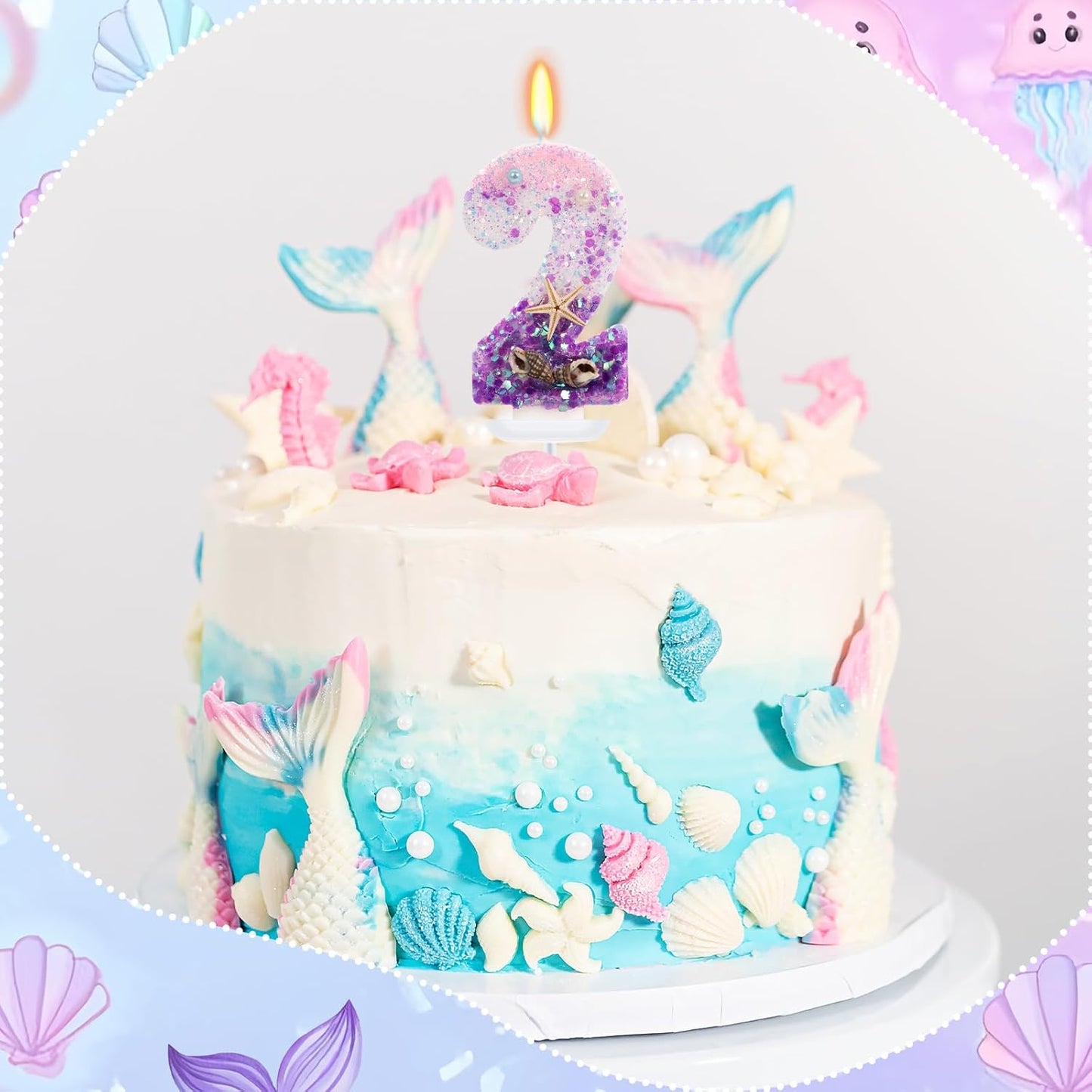 Purple Mermaid Party Number 2 Cake Candles, 2.76 inch Birthday Candle, Cake Topper Decoration for Birthday Party (Number 2)