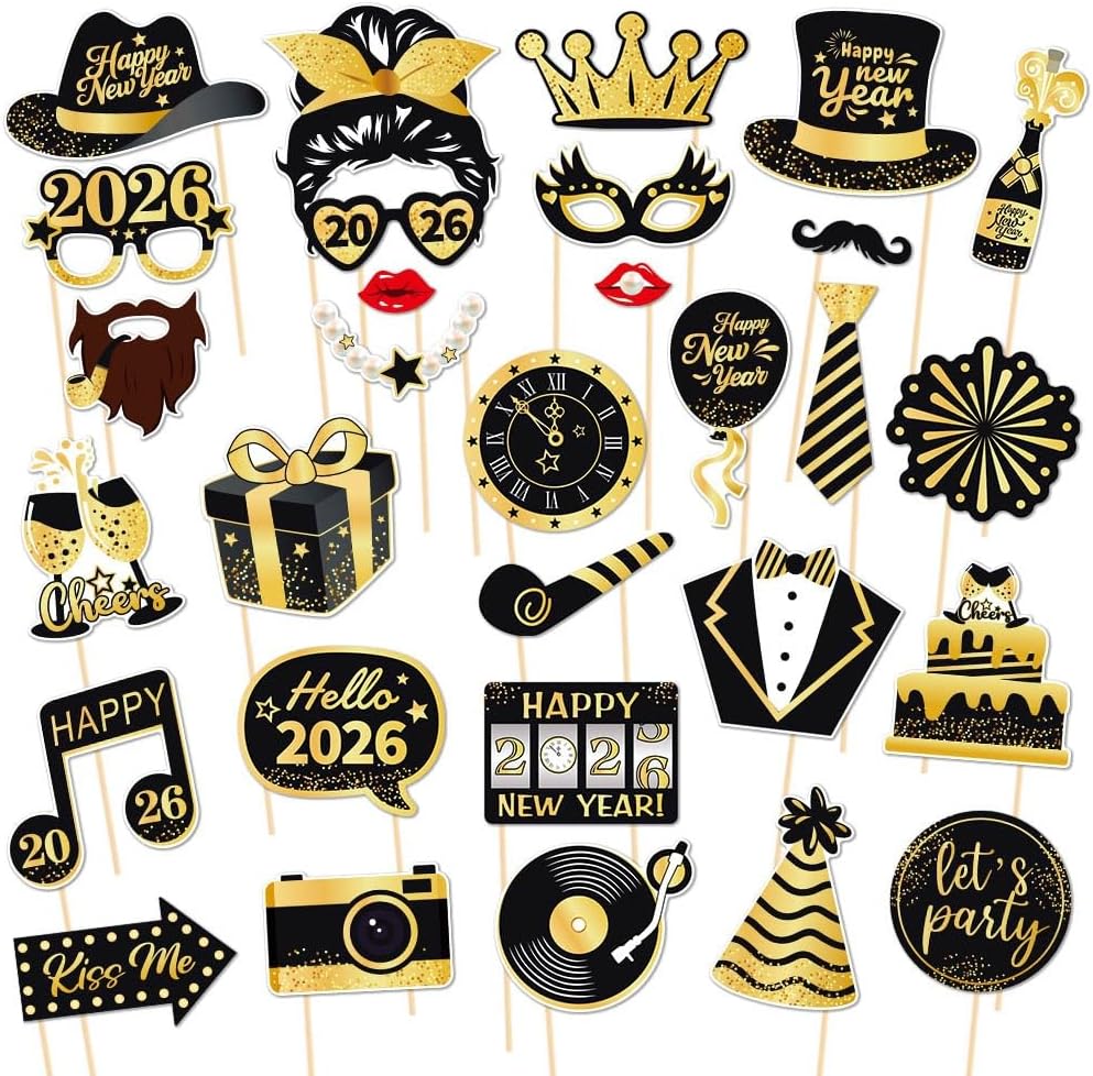 30 PCS New Year Photo Booth Props 2026 New Year Eve Photo Booth Props 2026 Happy New Year Decorations New Year’s Eve Party Supplies Favors for Pictures