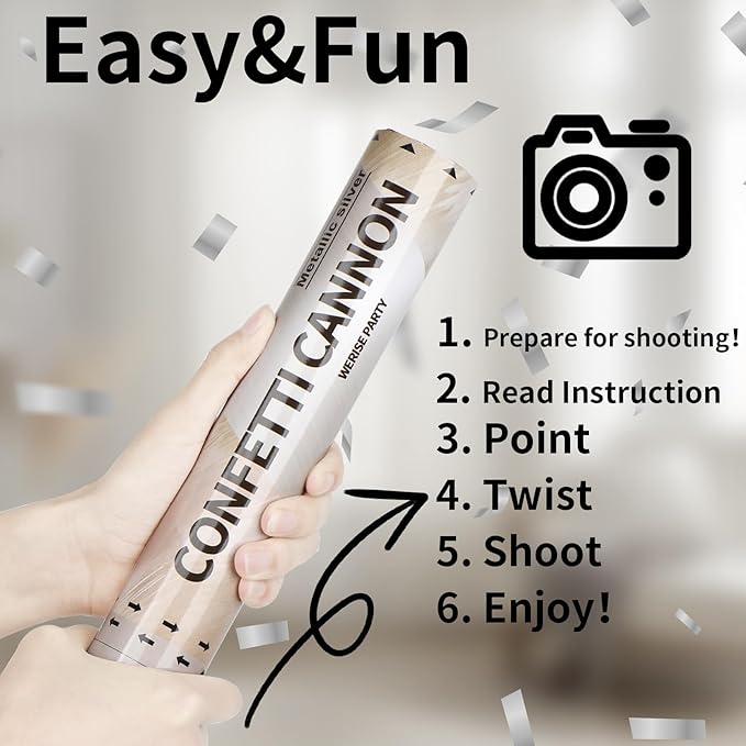 Silver Confetti Poppers Cannon, 6 Pack WERISE Party Mylar Silver Confetti Shooters for Wedding, Birthday, Graduation, New Year and Celebration 12 Inch