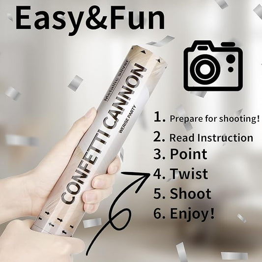Silver Confetti Poppers Cannon, 6 Pack WERISE Party Mylar Silver Confetti Shooters for Wedding, Birthday, Graduation, New Year and Celebration 12 Inch