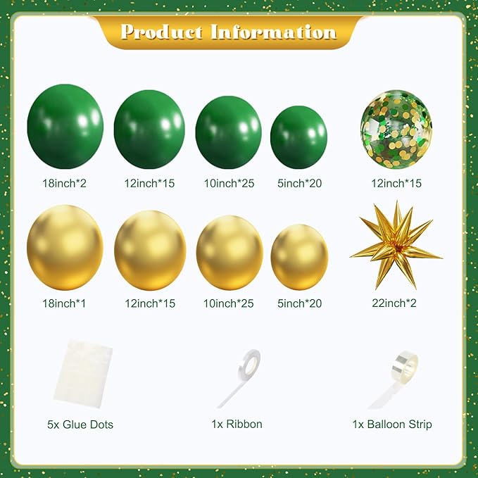 Green and Gold Balloon Garland Arch Kit, 140Pcs Emerald Green Gold Confetti Balloons With Stars for Birthday Wedding Birdal Shower Christmas Graduation Party Decorations