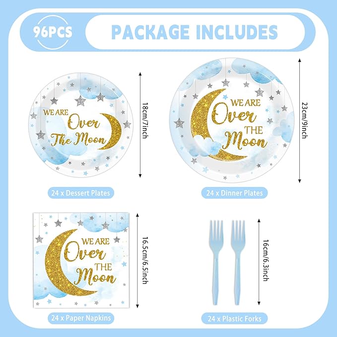 96Pcs Moon and Stars Party Paper Plates and Napkins Blue Moon Celestial Baby Shower Party Supplies Tableware Gender Reveal Little Star Birthday Disposable Plates for Birthday Gatherings Decorations