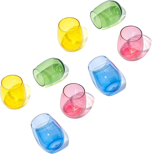 KX-WARE Unbreakable 18-ounce Acrylic Stemless Wine Glasses All Purpose Plastic Tumbler, set of 8 Multicolor Dishwasher Safe BPA Free Classic Style