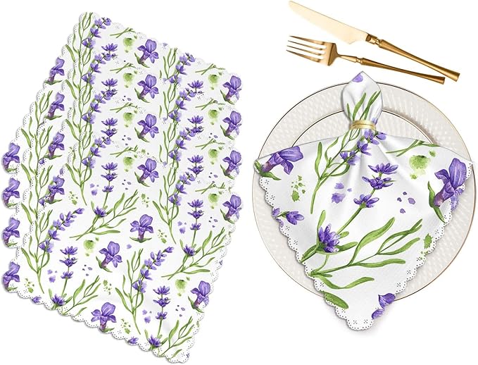 Yibeas Lavender Flowers and Leaves Cloth Napkins Dinner Table Napkins Watercolor Decorative Floral Purple and Green Washable Reusable Napkins Set of 4 Home Holiday Party Wedding
