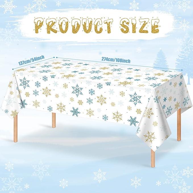 24Pcs Snowflake Plastic Tablecloth Christmas Snowflake Disposable Table Cloth White Blue and Gold Winter Wonderland Table Cover for Winter Holiday Christmas Birthday Party Decorations,54x108 Inch